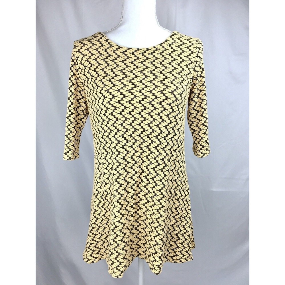 Tianello Steve Barraza Size SMALL Yellow Black Tunic Dress 3/4 Sleeves Stretchy‎